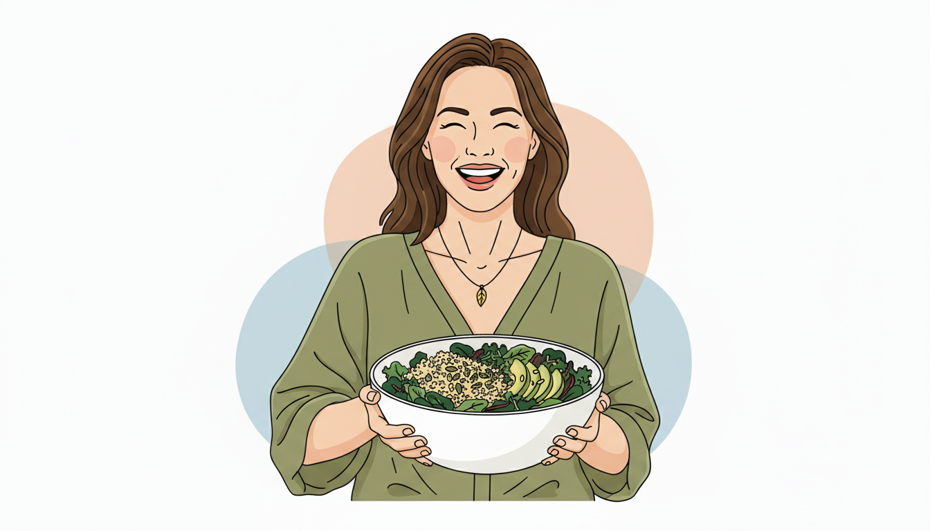 Woman aged 40 smiling while eating a healthy bowl of quinoa, greens, and avocado, representing natural hormone balance.