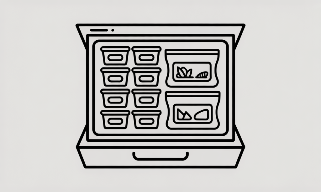 A freezer drawer organized with labeled containers of soup and meal prep bags.