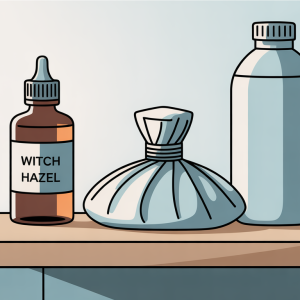 A soothing postpartum care station with witch hazel, ice packs, and a water bottle.