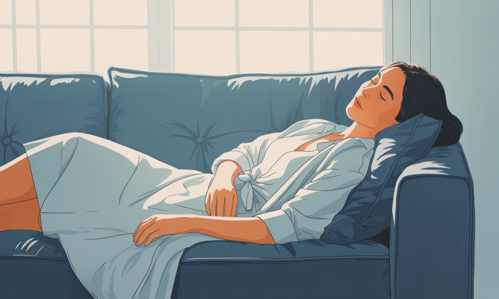 A woman napping on a sofa during the day.