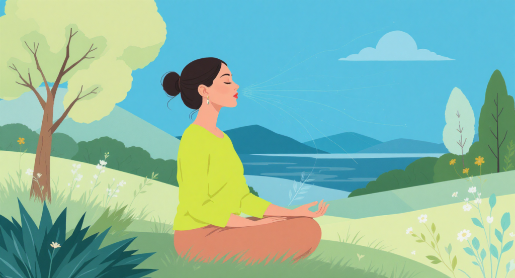 Woman practicing deep breathing exercises in nature to reduce stress and lower cortisol.