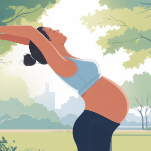 Active pregnant woman stretching outdoors in a peaceful park setting.