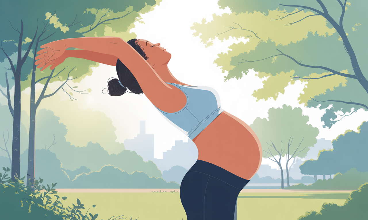 Active pregnant woman stretching outdoors in a peaceful park setting.