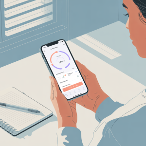 A woman holding a smartphone displaying a cycle tracking app with a notebook and pen nearby.