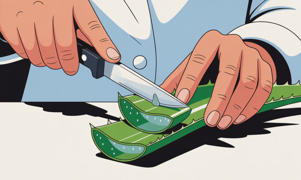 A person cutting a fresh aloe leaf with a knife to extract the gel.