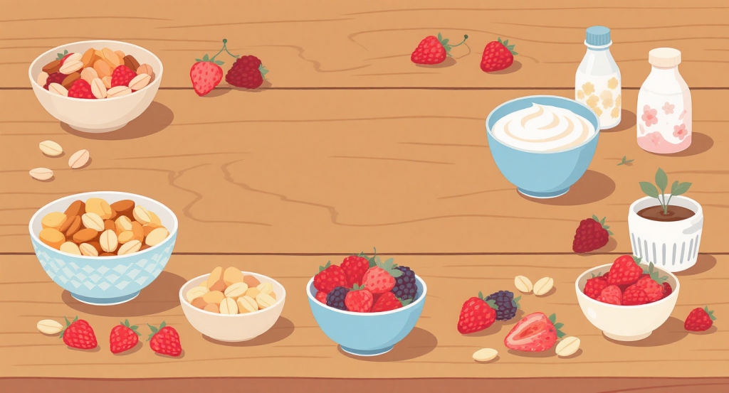 Healthy pregnancy snacks including nuts, berries, and yogurt on a wooden table.