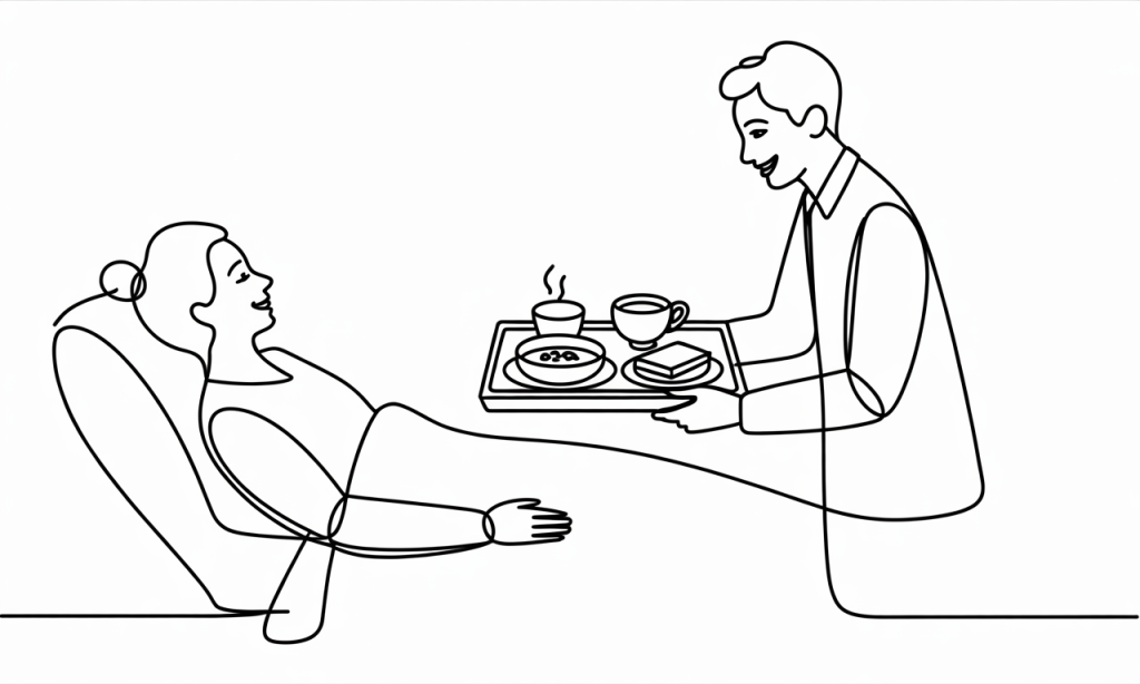 A partner bringing a tray of food to a resting mother.