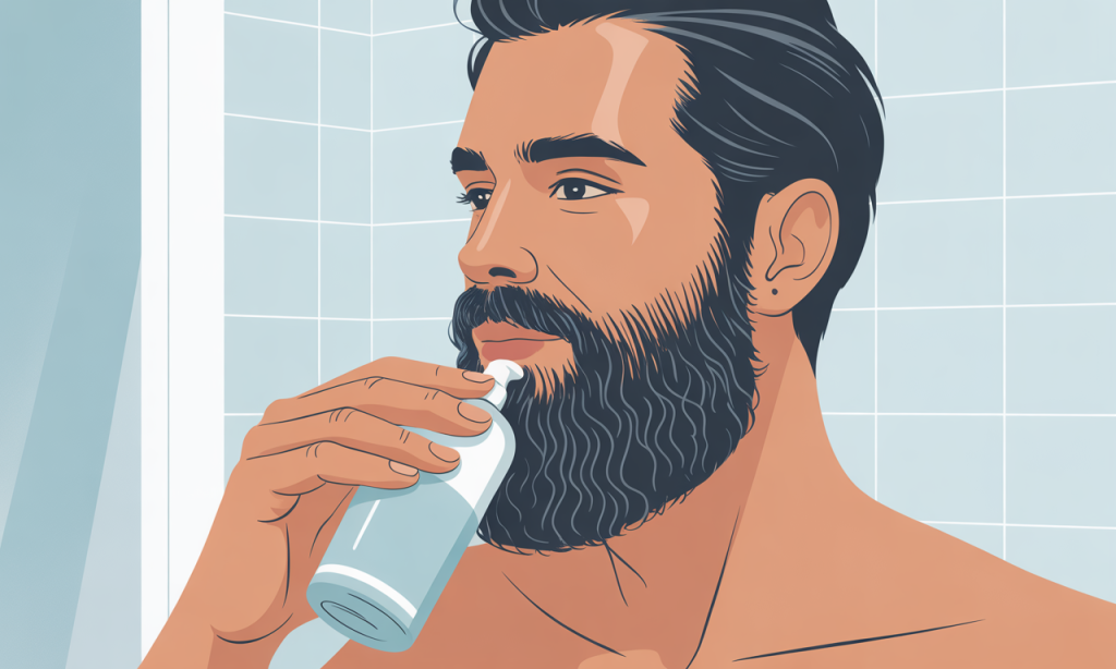 Man washing beard with gentle beard cleanser to prevent beardruff and maintain healthy facial hair