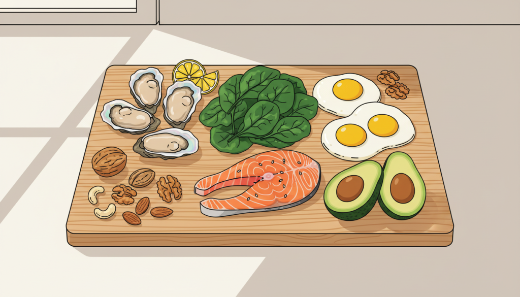 Testosterone after 40 boosting foods including zinc-rich oysters, vitamin D salmon, healthy fats from avocados and nutrient-dense vegetables