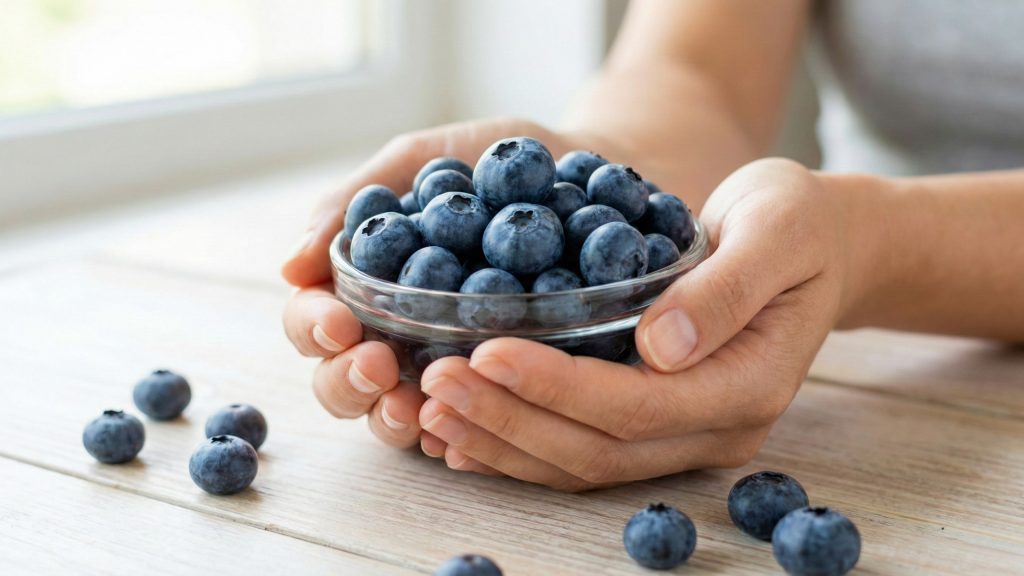 Person enjoying anti-aging fruits blueberries as healthy snack demonstrating simple ways to incorporate youth-boosting nutrition daily.