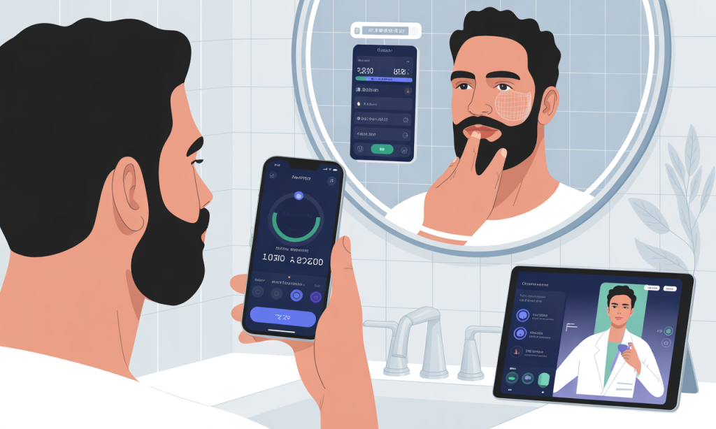 Man utilizing digital technology and smartphone apps to monitor progress and optimize strategies to stop beard itch fast effectively