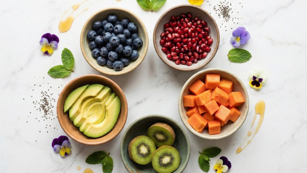 Essential anti-aging fruits collection displayed as convenient snack portions showing variety of youth-boosting nutrition options for daily eating.