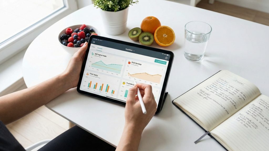 Technology-supported tracking of anti-aging fruits consumption showing digital tools for monitoring daily intake and visible skin improvement progress.