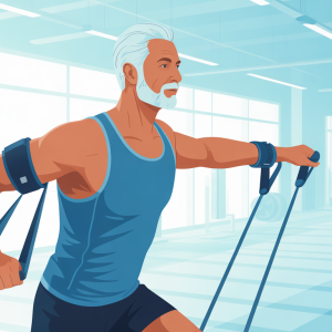 Building muscle after 40 with joint-safe resistance training exercises demonstrated by fit mature man in gym using proper form and technique