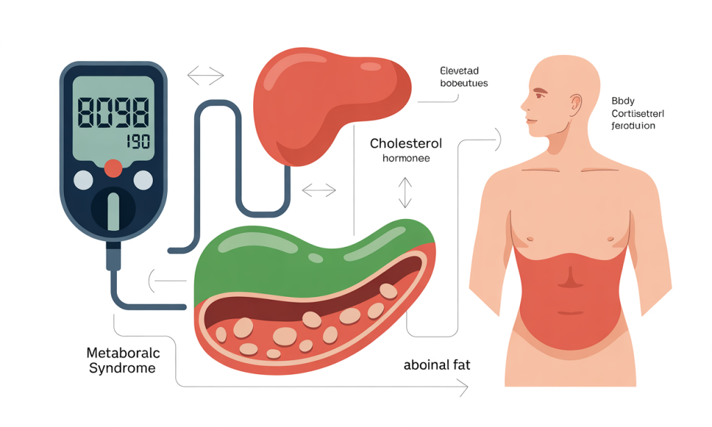 Educational infographic showing metabolic syndrome components linked to chronic work stress heart disease risk factors