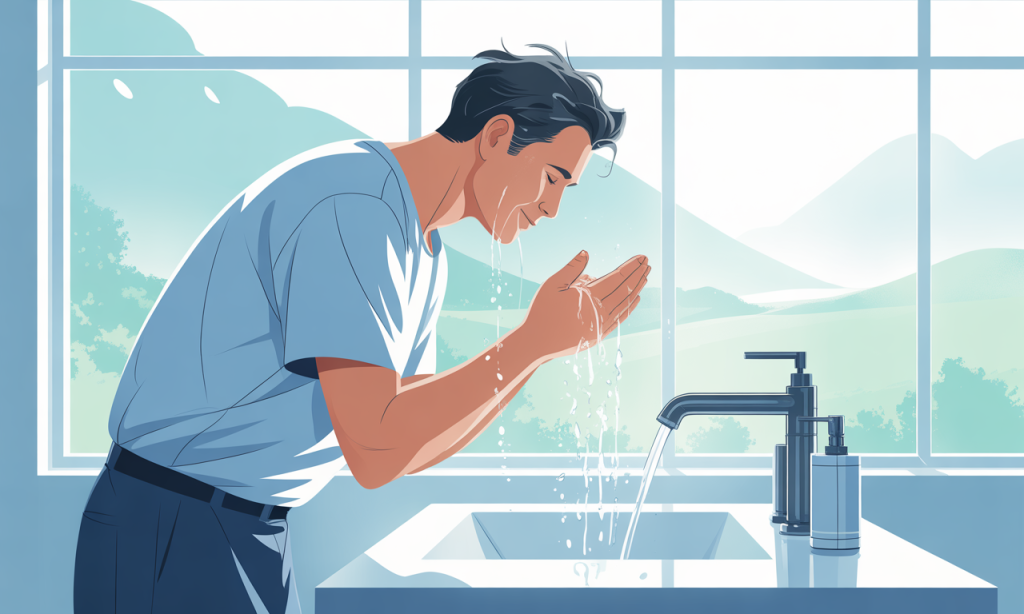 Man washing face in morning as part of Simple Morning Skincare Routine with natural light in clean bathroom
