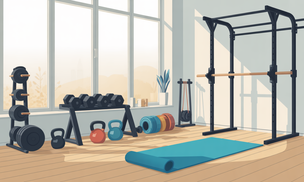 Complete home workout equipment setup showing tools for energy-boosting resistance training programs