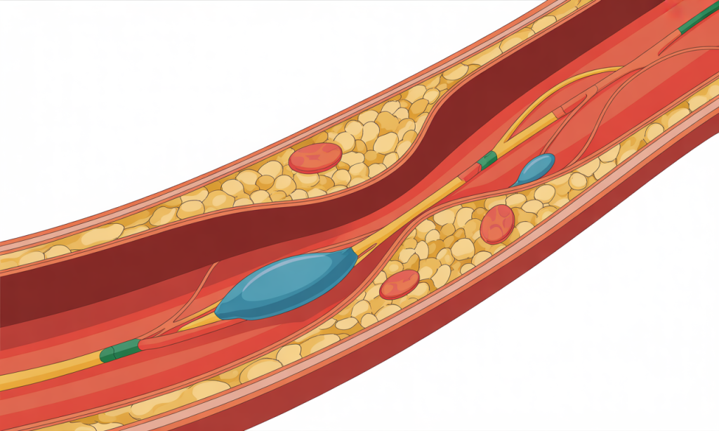 Anatomical diagram illustrating how chronic work stress heart disease develops through arterial plaque formation processes