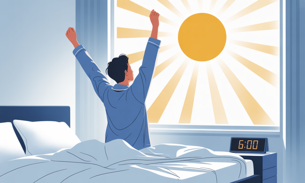 Adult maintaining consistent wake time by rising at same hour every morning with natural sunlight exposure