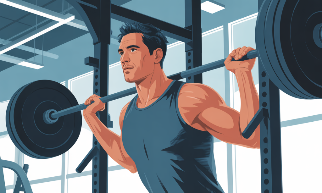 Man over 40 demonstrating protein after 40 benefits through heavy resistance training with proper squat form in gym