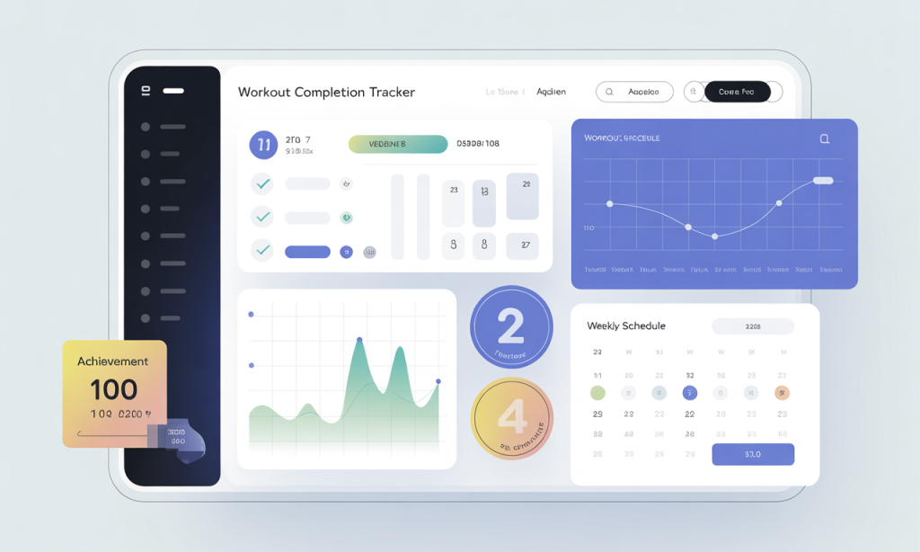 Digital fitness progress tracker displaying completed workout sessions and performance improvements for accountability monitoring