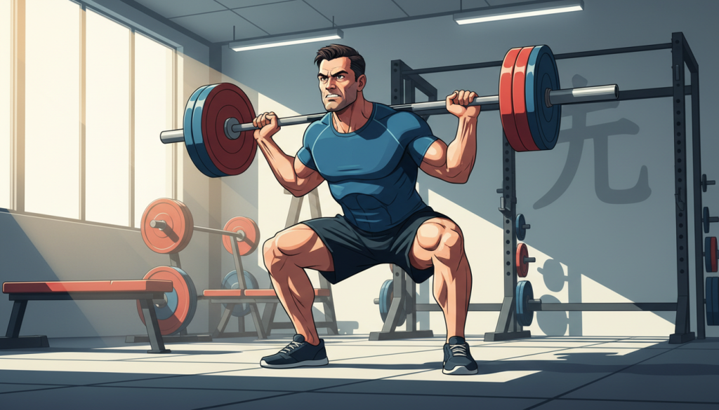 Man over forty performing heavy resistance training barbell squat to boost testosterone after 40 naturally through strength exercise