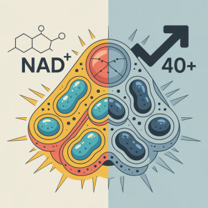 Visual representation of NAD plus decline after 40 showing cellular energy differences between young and aging mitochondria with NAD+ molecular structure