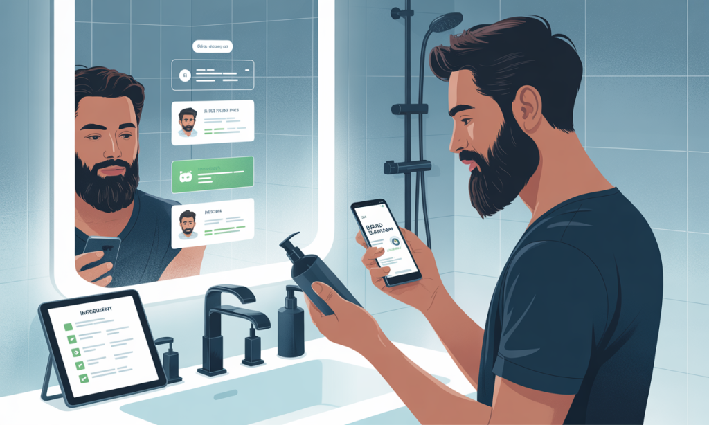 Man researching beard care products for sensitive skin using digital devices in modern bathroom with grooming essentials nearby