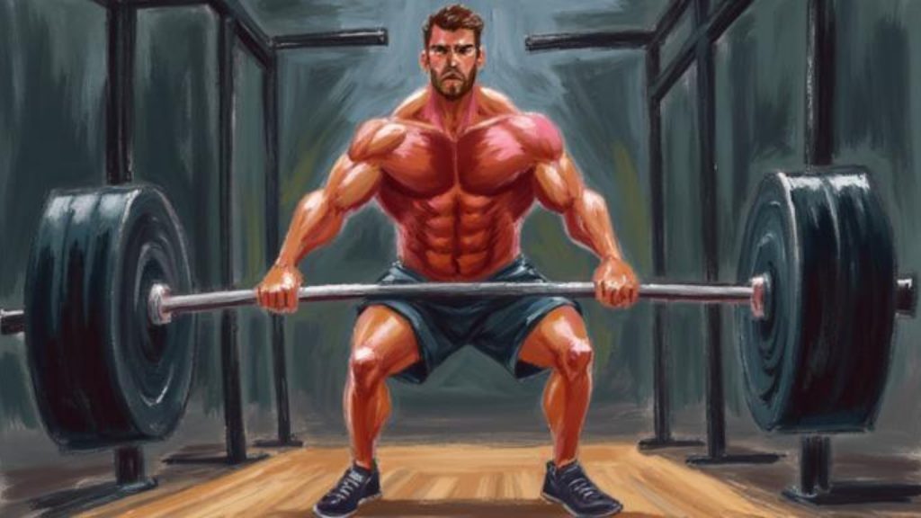 Fit athlete performing explosive barbell squat exercise with perfect form and maximal intensity in professional gym environment