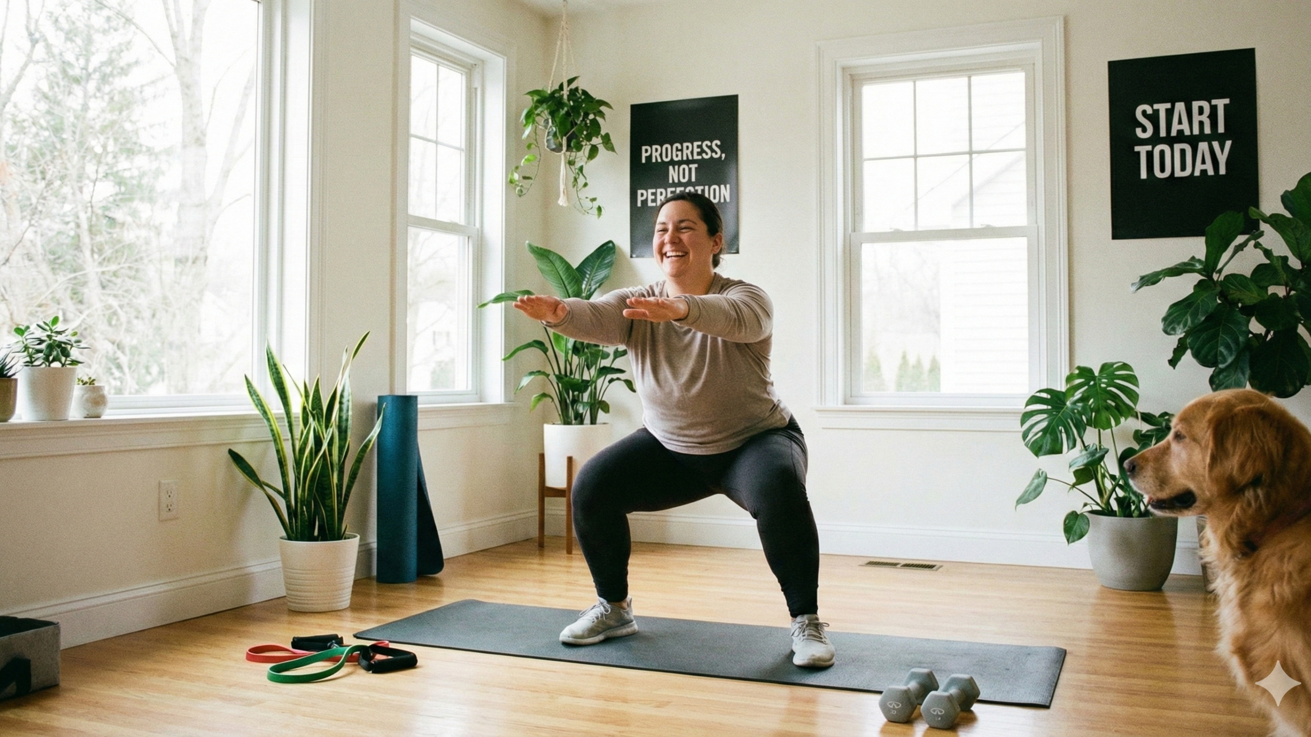 Beginner routines: person performing simple exercises like squats and stretches in a bright home gym, ideal for those starting their fitness journey.