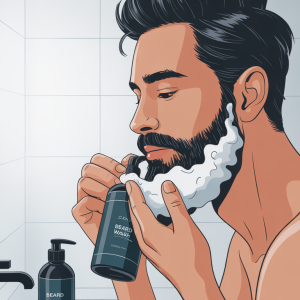 Man washing beard with sulfate-free beard wash, demonstrating the correct frequency and technique to optimize beard health