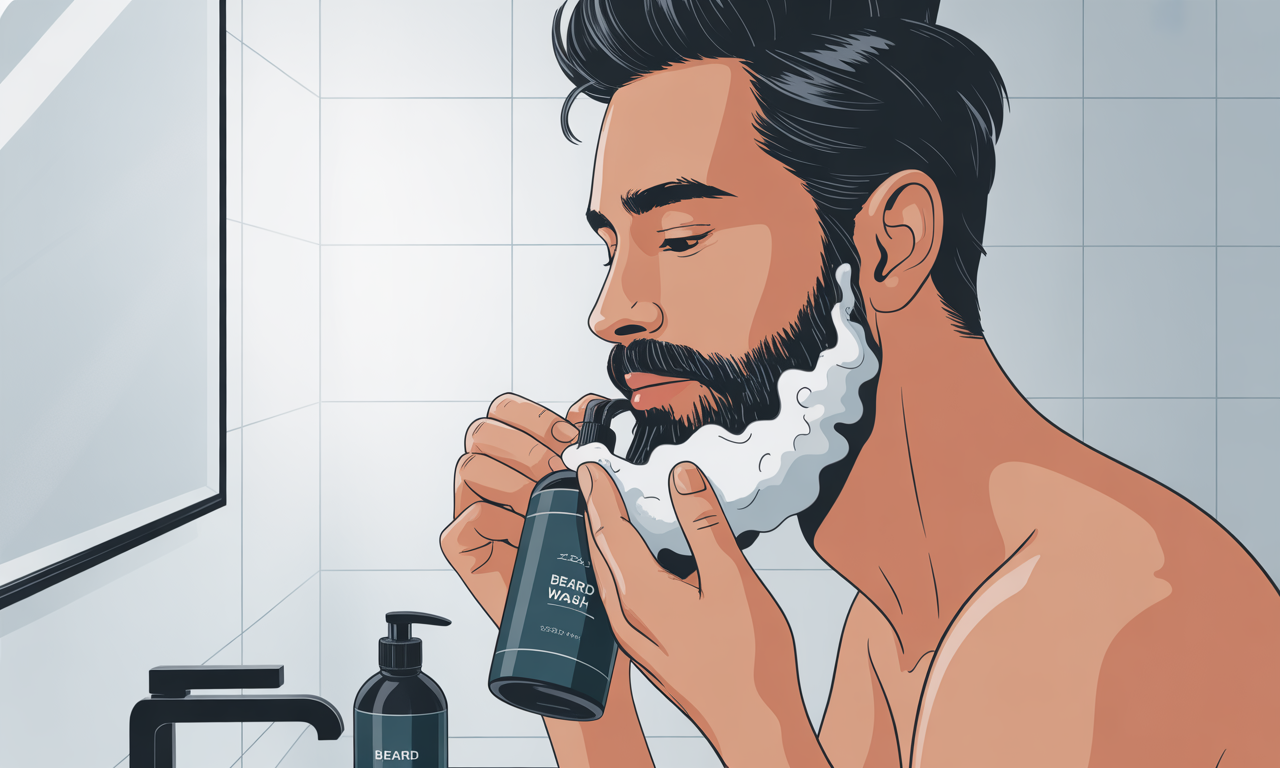 Man washing beard with sulfate-free beard wash, demonstrating the correct frequency and technique to optimize beard health