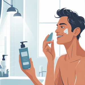 Simple Morning Skincare Routine: Man applying moisturizer in bright bathroom