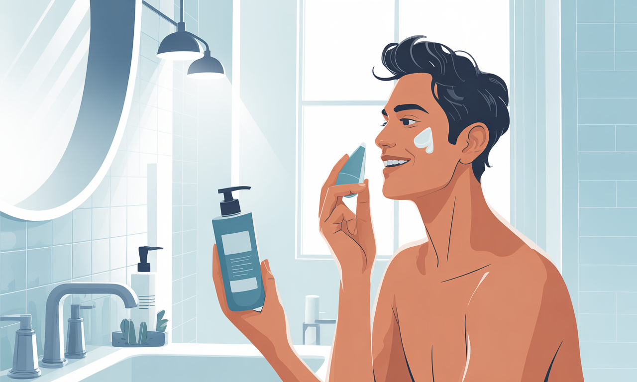 Simple Morning Skincare Routine: Man applying moisturizer in bright bathroom