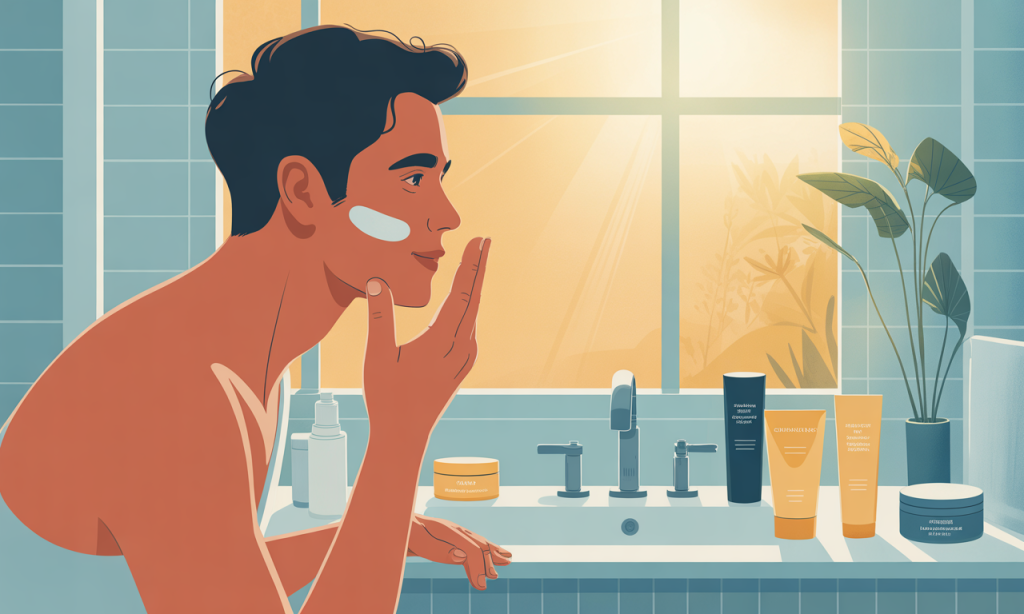 Final step of Simple Morning Skincare Routine showing man applying broad-spectrum sunscreen to face