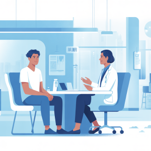 Young man discussing erectile dysfunction under 30 with doctor in modern medical office, representing accessible healthcare and treatment solutions