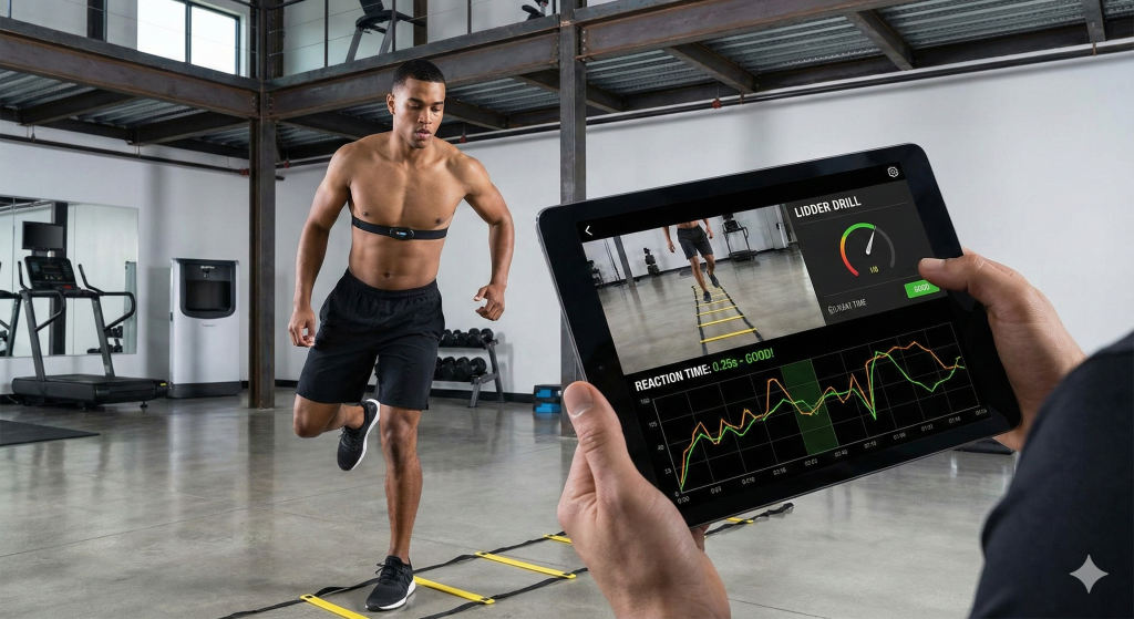 Athlete utilizing technology-supported agility training app for guided workouts, technique analysis, and performance feedback.