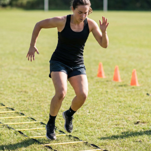 Athlete executing agility training ladder drill for improved speed and coordination.
