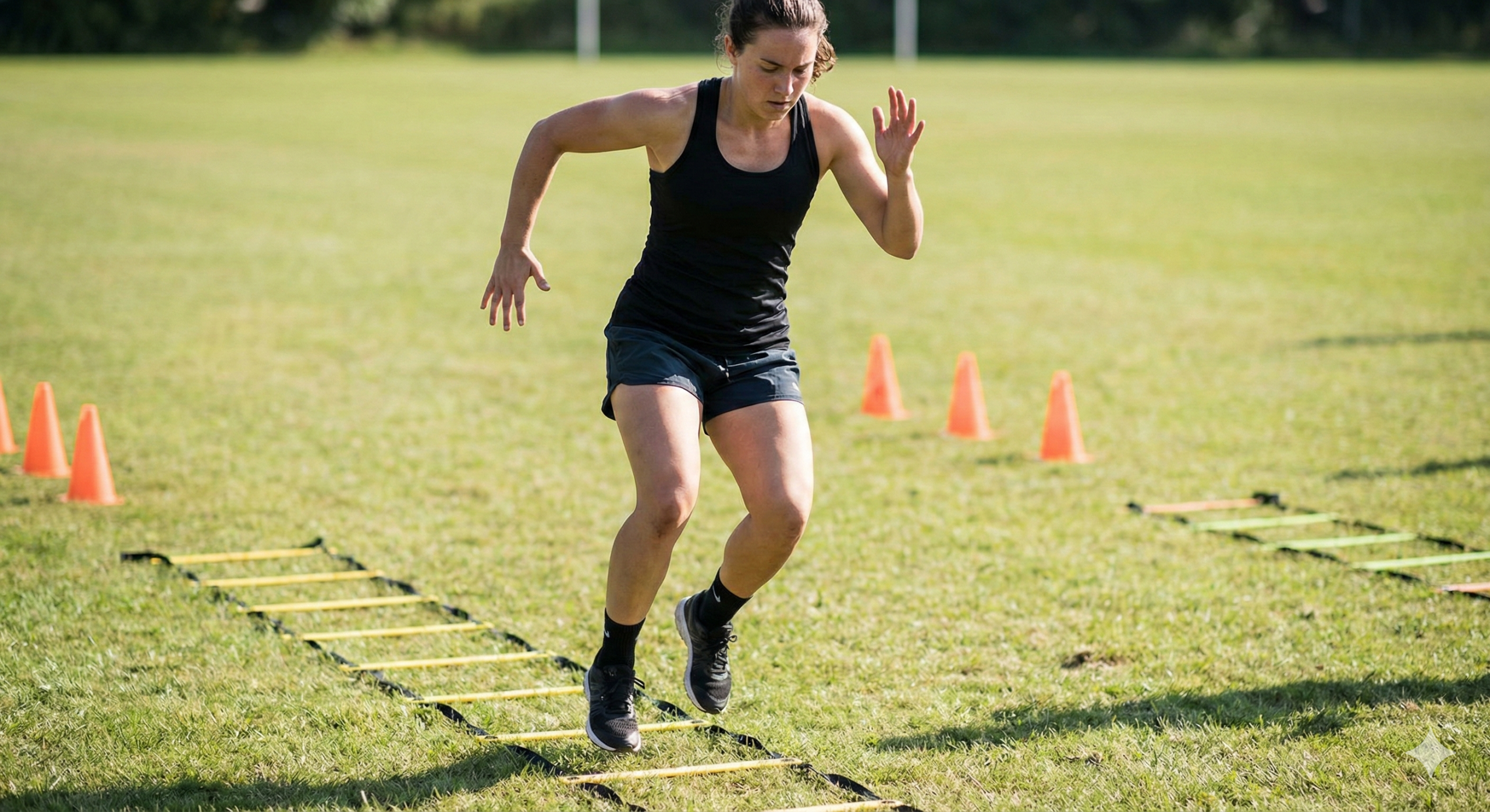 Athlete executing agility training ladder drill for improved speed and coordination.
