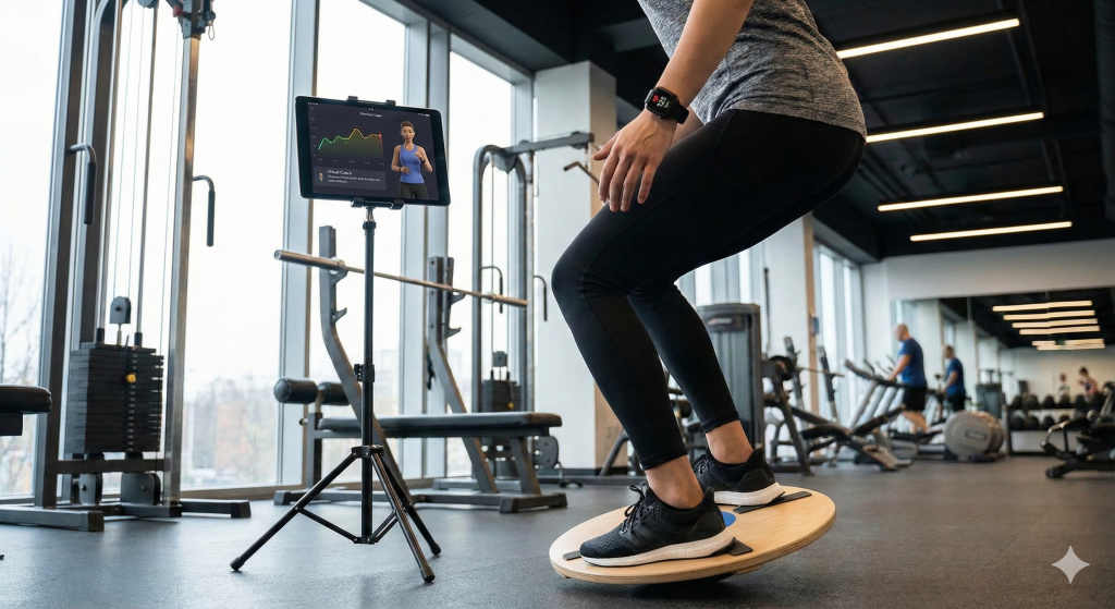 Athlete using a tablet app with a virtual coach and graphs while training on a wobble board, wearing a smartwatch.