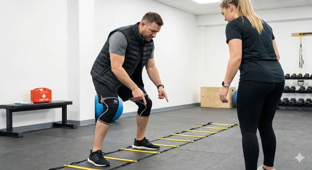 Professional demonstrating proper agility training safety techniques with correct form, protective equipment, and controlled practice.