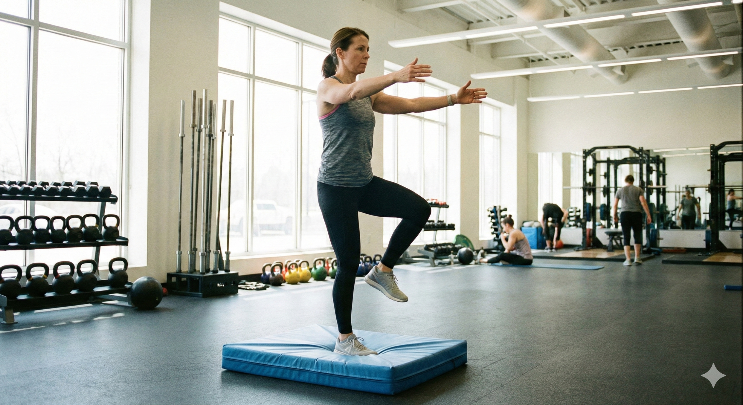 Person doing balance drills on a foam pad to improve stability and coordination in a gym setting.