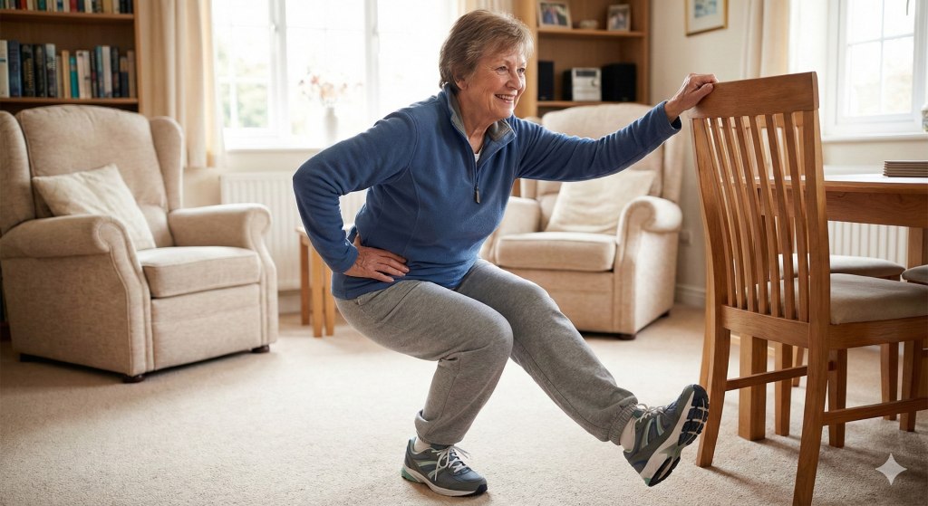 Senior woman using a sturdy chair for support while practicing a single-leg balance squat in a home setting.