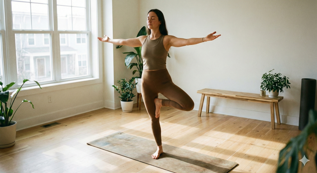 Person practicing a single-leg balance stance with eyes closed on a yoga mat in a clean, sunlit room.