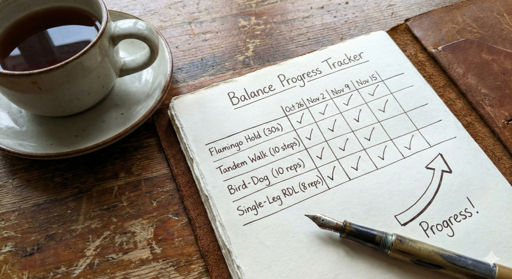 Balance Drills: Handwritten journal page tracking balance drill progress over weeks with checkmarks, times, and notes on improvement.