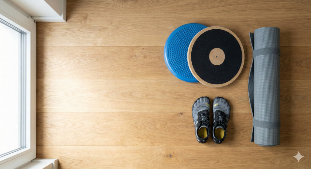 A collection of balance training tools including a foam pad, wobble board, yoga mat, and minimalist shoes laid flat on a wood floor.