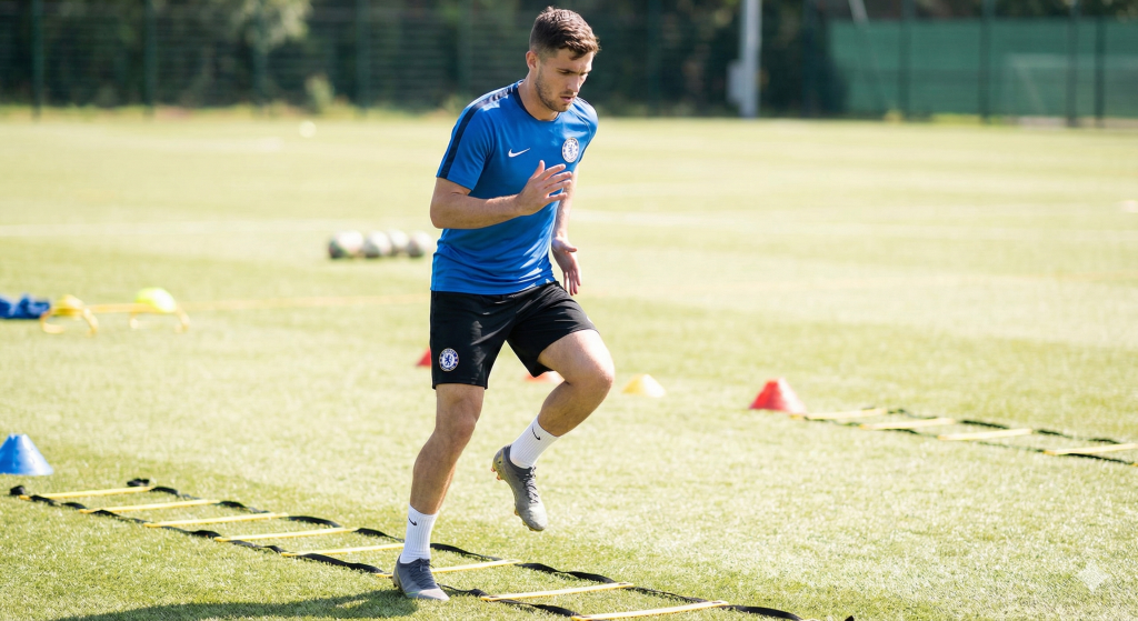 Athlete practicing ladder drill footwork patterns for agility training development and coordination enhancement.