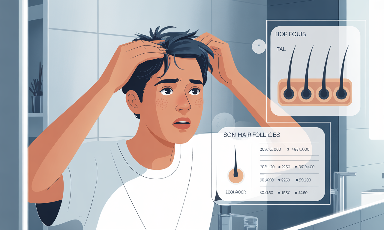 Young adult checking hair loss in 20s while looking in bathroom mirror with hair follicle diagrams showing early prevention methods and scientific causes