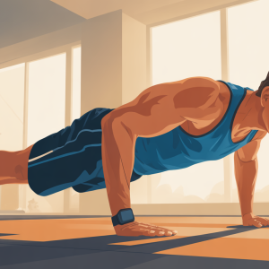 Muscular dad doing 15 minute dad workouts at home before breakfast with dumbbells and bodyweight exercises in bright morning light for muscle building