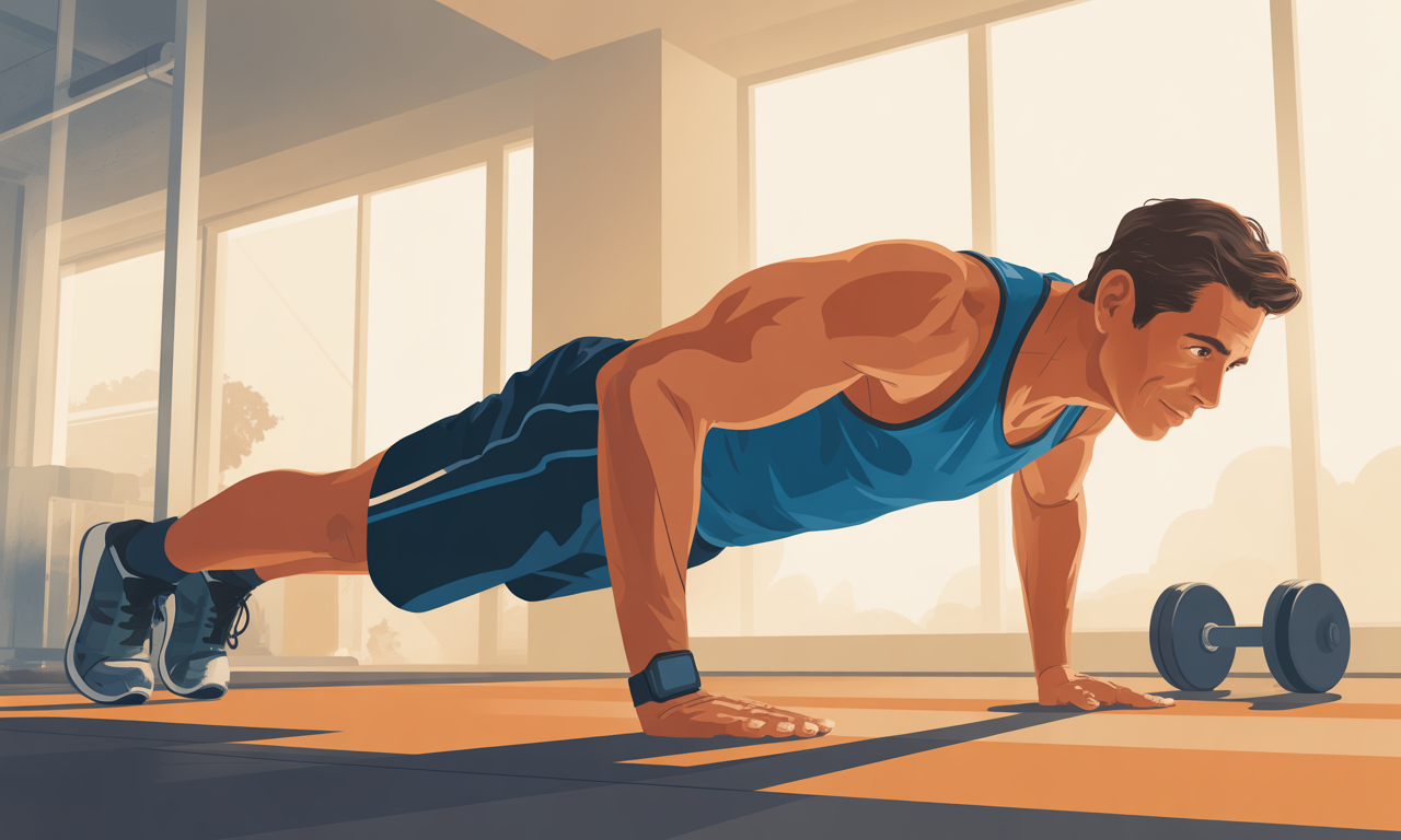 Muscular dad doing 15 minute dad workouts at home before breakfast with dumbbells and bodyweight exercises in bright morning light for muscle building